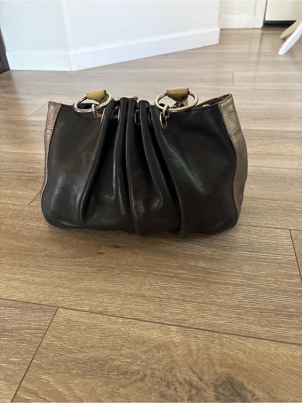 Leather Ruched Handbag in Dark Brown